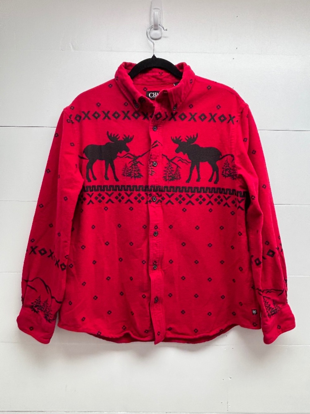 Chaps Men's Red Fleece Button Down Shirt Moose Graphic Size L